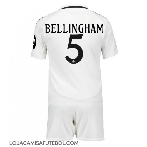 Camisa de Futebol Real Madrid Jude Bellingham #5 Equipamento Principal Infantil 2024-25 Manga Curta (+ Calças curtas)